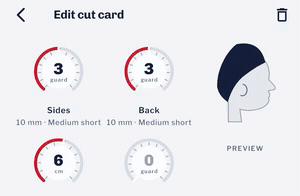 The cut card editor: four dials for sides, back, top and beard are turned down one detent at a time, and the head drawn beside them loses length and reveals its ear as the numbers fall.
