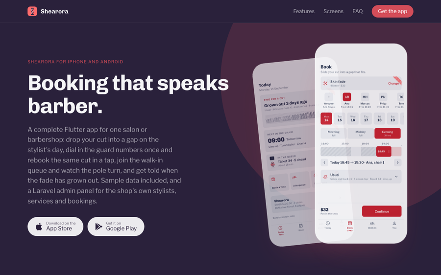 The bundled landing page: a sticky header with the app's mark, a headline, a paragraph of copy, two store buttons and two phone mock-ups showing real screens from the app.