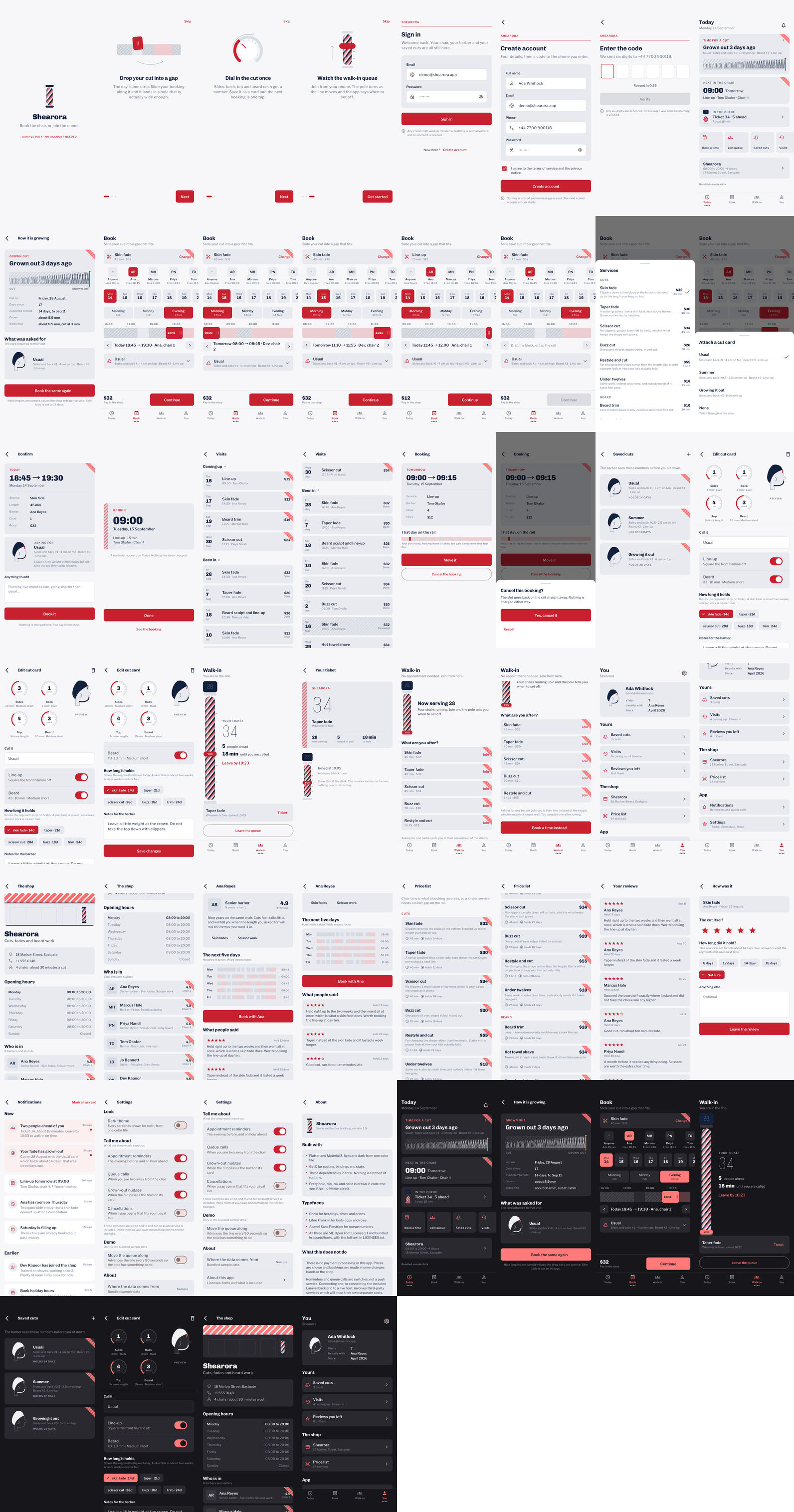 Every screen in the app, laid out in a grid: the introduction, sign-in, Today, the booking rail in five states, the cut card editor, the walk-in queue, the shop, the price list, reviews, settings, and the whole app again in the dark theme.