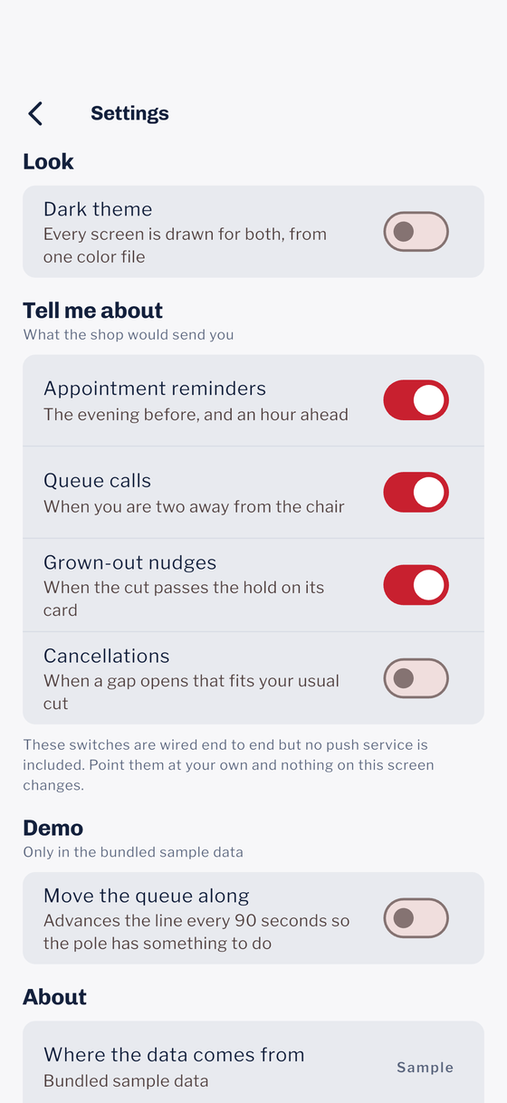 The settings screen, with a row at the bottom reading Where the data comes from: Bundled sample data, and a Sample tag beside it.